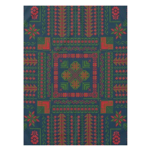 パレスチナ刺しゅうタスリーズレッド緑5パターン テーブルクロス (正面)