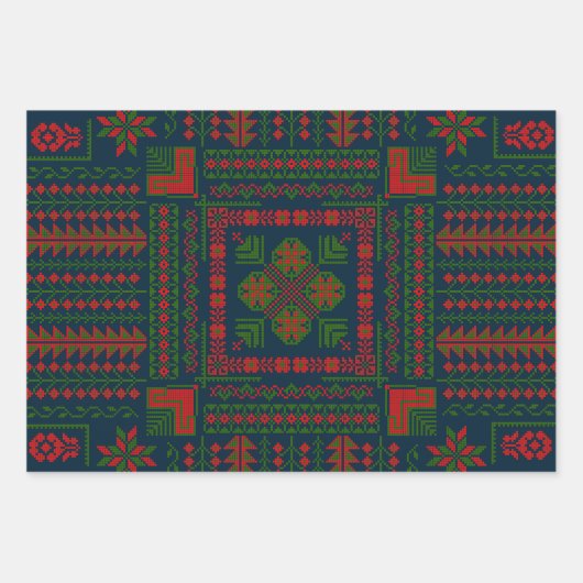 パレスチナ刺しゅうタスリーズレッド緑5パターン ラッピングペーパーシート (正面)