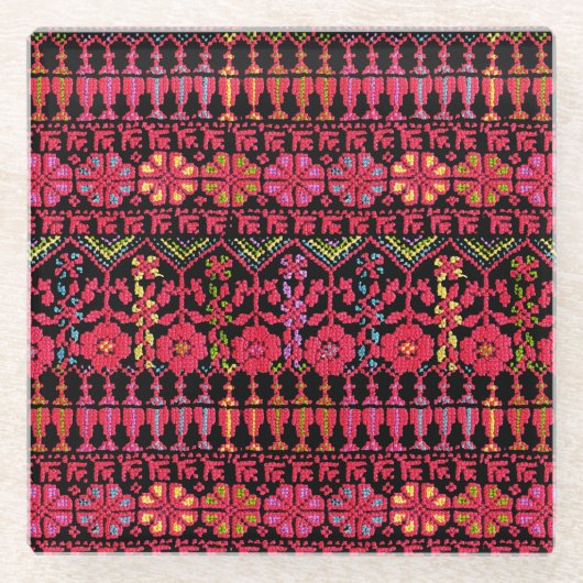 パレスチナ刺繍タスリーズ印刷デザイン ガラスコースター (正面)