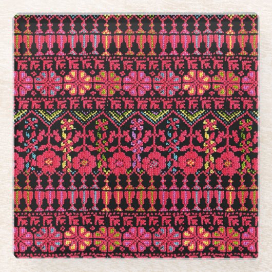 パレスチナ刺繍タスリーズ印刷デザイン ガラスコースター (正面)