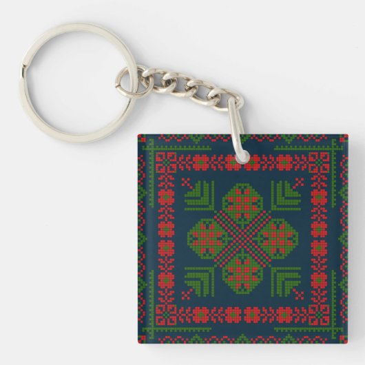 パレスチナ刺繍タトレーズ　赤緑　5つのパターン キーホルダー (正面)