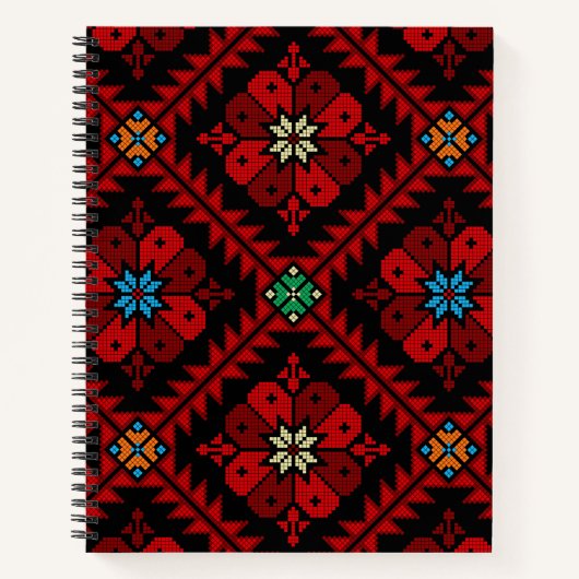 パレスチナ刺繍 タトリーズ柄 赤い花 ノートブック (正面)