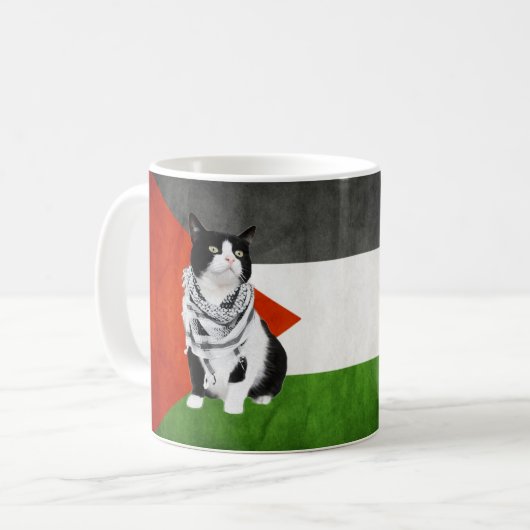 パレスチナ国旗で猫を身に着けているパレスチナ・クフィヤ コーヒーマグカップ (正面左)