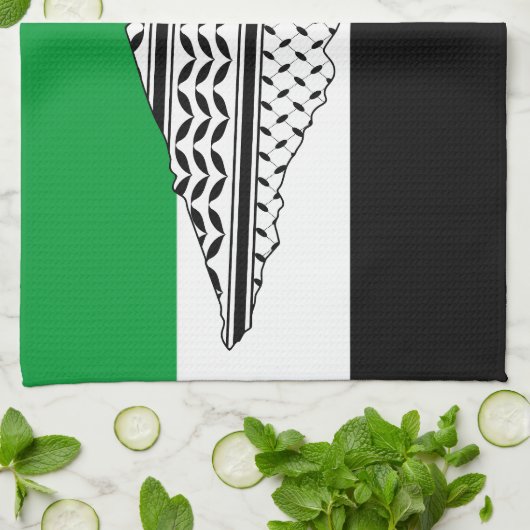 パレスチナ国旗とケフィヨンパターン付き地図 キッチンタオル (折り畳み)