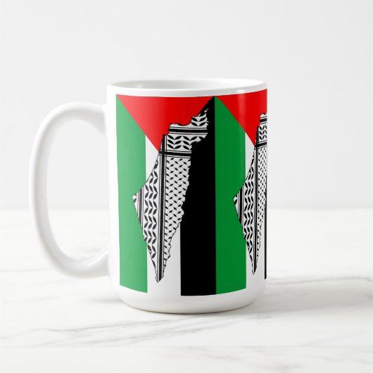 パレスチナ国旗とケフィヨンパターン付き地図 コーヒーマグカップ (左)
