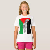 パレスチナ国旗とケフィヨンパターン付き地図 Tシャツ (正面フル)