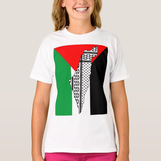 パレスチナ国旗とケフィヨンパターン付き地図 Tシャツ (正面)