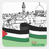 パレスチナ国旗と古い家描々国旗 スクエアシール (正面)