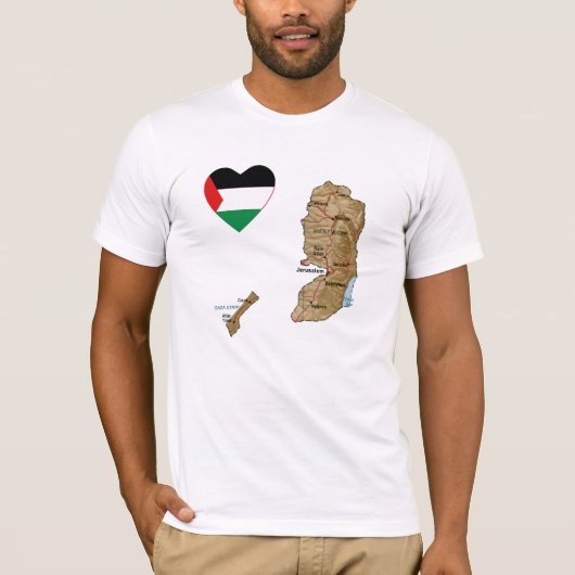 パレスチナ国旗のハートと地図Tシャツ Tシャツ (正面)
