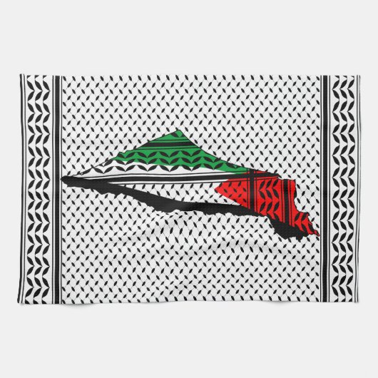 パレスティナ国旗とケフィヨンパターンの地図 キッチンタオル (横)