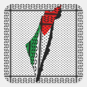 パレスティナ国旗とケフィヨンパターンの地図 スクエアシール (正面)