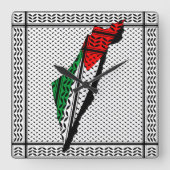 パレスティナ国旗とケフィヨンパターンの地図 スクエア壁時計 (正面)