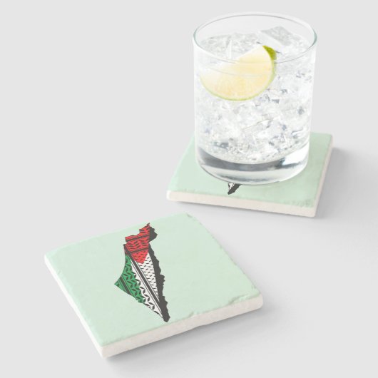 パレスティナ国旗とケフィヨンパターンの地図 ストーンコースター (横)