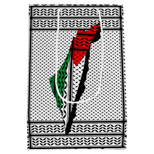 パレスティナ国旗とケフィヨンパターンの地図 ミディアムペーパーバッグ (裏面)