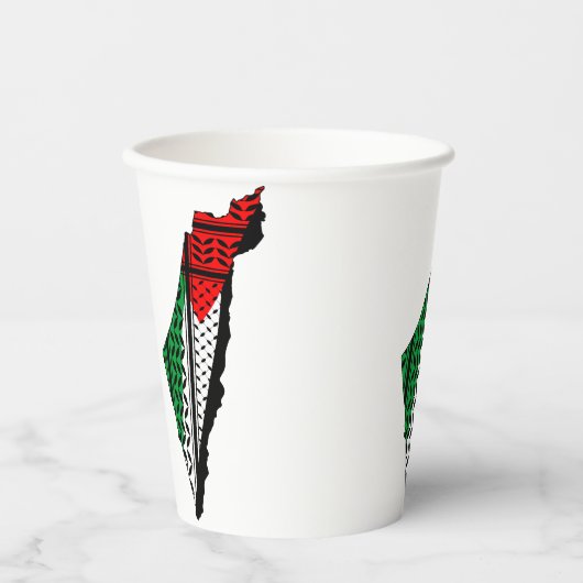 パレスティナ国旗とケフィヨンパターンの地図 紙コップ (正面)