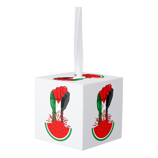 パレスティナ抵抗拳でスイカのシンボル キューブオーナメント (裏面アングル)