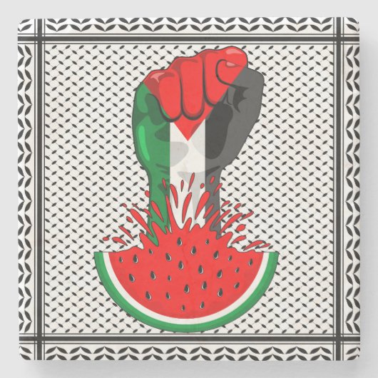 パレスティナ抵抗拳でスイカのシンボル ストーンコースター (正面)