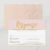 パレスピンクのゴールドスクリプト水玉模様の返信カード 出欠カード (正面/裏面)