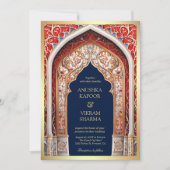 パレス王室のレッドアーチフォトブルーインディアン結婚ズ 招待状 (正面)