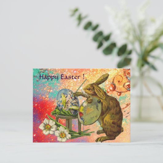 パレットのイースター卵を絵を描持つアーティストウサギ シーズンポストカード (スタンド正面)