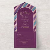 パレットプラムパープルターコイズバラ結婚金ゴールド オールインワン招待状 (内側)