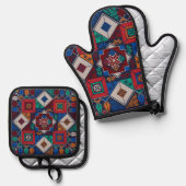 パレ伝統的スティナ刺繍タスリーズカラフル 鍋つかみ&鍋敷きセット (正面/裏面)