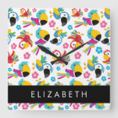 パロカラフルツ、トロピカルパロツ、お名前 スクエア壁時計 (正面)