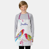 パロットアートウォーター絵を描カラーの赤いブルーボーイズ エプロン (着用した状態)