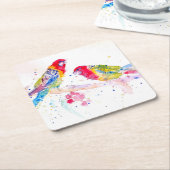 パロットアートウォーター絵画カラーズアクアティール（緑がかった色） スクエアペーパーコースター (アングル)