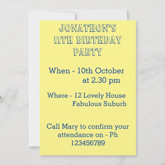パロットマコーブルーバード誕生日子供ボーイズイエロー 招待状 (裏面)