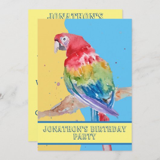 パロットマコーブルーバード誕生日子供ボーイズイエロー 招待状 (正面/裏面)