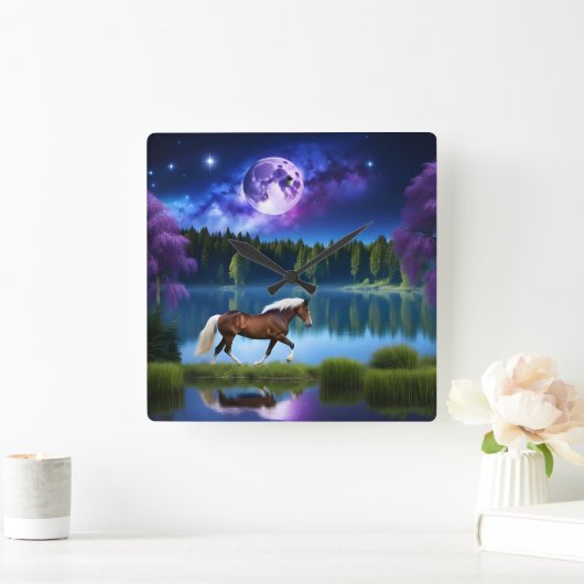 パロミノのベルギーホースの下の紫の星空 スクエア壁時計 (ホーム)