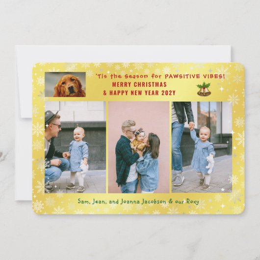 パワおもしろいイティブ犬の猫4枚の写真ミニマリストゴールデン シーズンカード (正面)