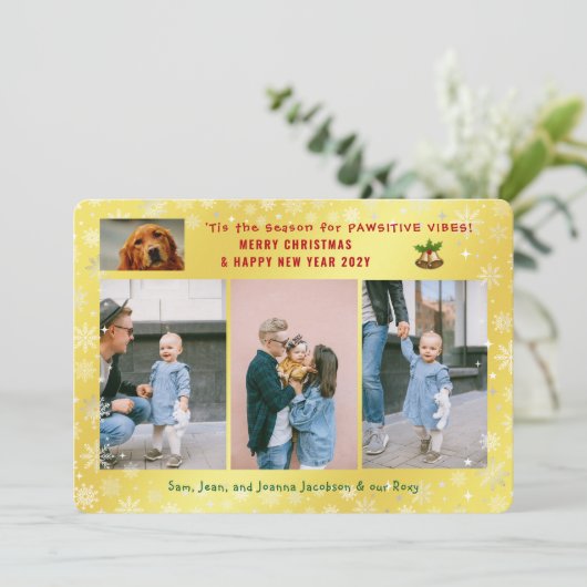 パワおもしろいイティブ犬の猫4枚の写真ミニマリストゴールデン シーズンカード (スタンド正面)