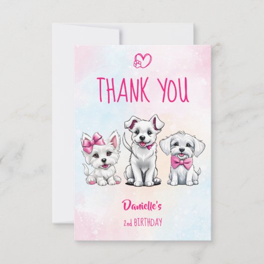 パワティ白ピンクの可愛い子犬の誕生日 サンキューカード (正面)