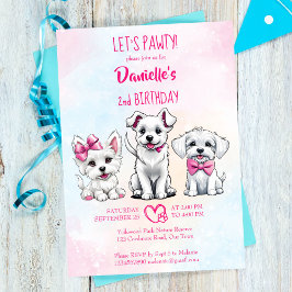 パワティ白ピンクの可愛い子犬の誕生日 招待状