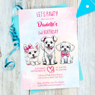 パワティ白ピンクの可愛い子犬の誕生日 招待状