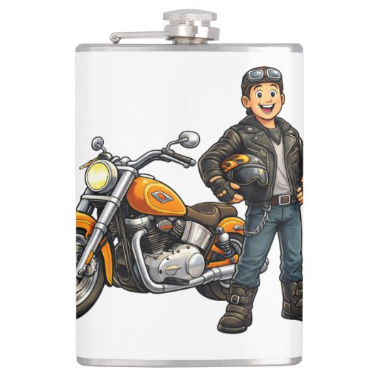 パワフルなバイクに乗る漫画のバイカーアート フラスク (正面)