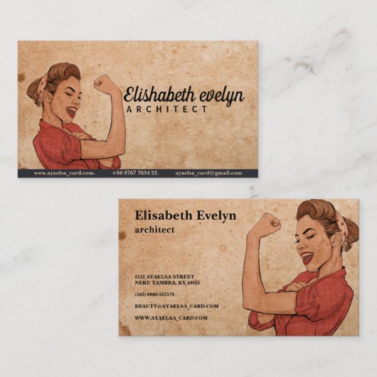 パワーアポップ・アートのートの女性手描きヴィンテージ 名刺 (正面/裏面)