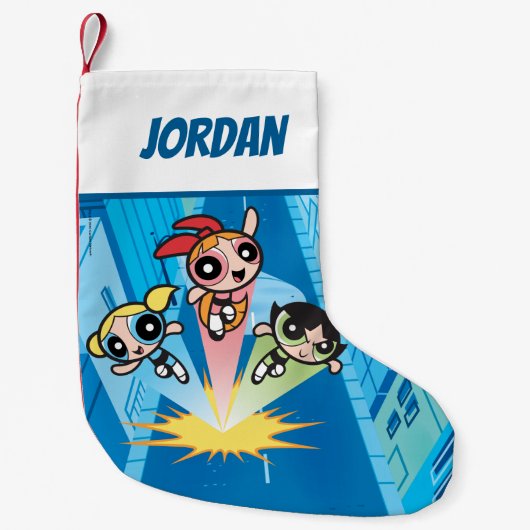 パワーパフの女の子が空中に飛び出す スモールクリスマスストッキング (正面)