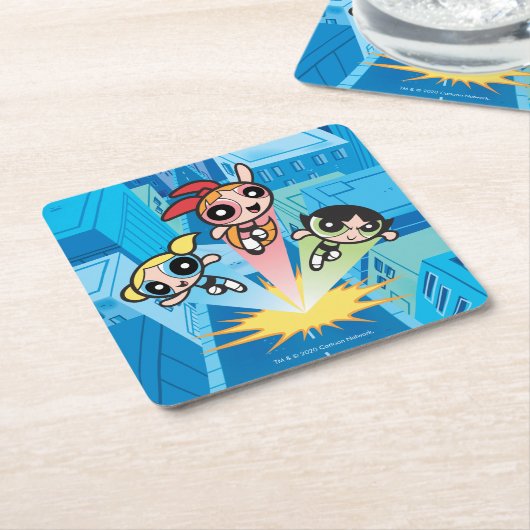 パワープフの女の子が空中に飛び上がる スクエアペーパーコースター (アングル)