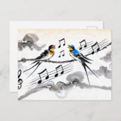 パワーラインで歌う2つのスワローズ中国の ポストカード (正面/裏面)