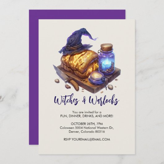 パンの塊と白熱［赤熱］光を放つ魔女の帽子、ハロウィーン 招待状 (正面/裏面)