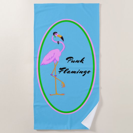パンクおもしろいピンクフラミンゴオンティール(緑がかった色) ビーチタオル (正面)