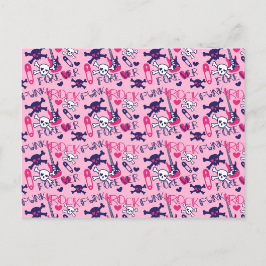 パンクガーリーロックエレキギター&スカルズピンク ポストカード (正面)