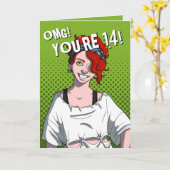 パンクレッドヘッド10代のガールグリーン14th誕生日 カード (黄色い花)