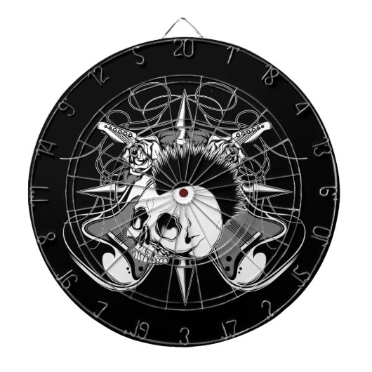 パンクロックのモホーク族の人のスカルのバラのギターのスパイク ダーツボード (正面)