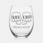 パンクロックタトゥーハンズトゥルーラブパーソナライズされた ステムなしワイングラス (正面)