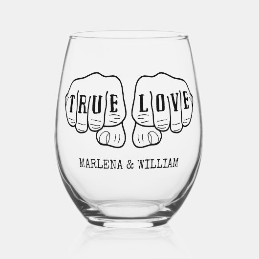 パンクロックタトゥーハンズトゥルーラブパーソナライズされた ステムなしワイングラス (正面)