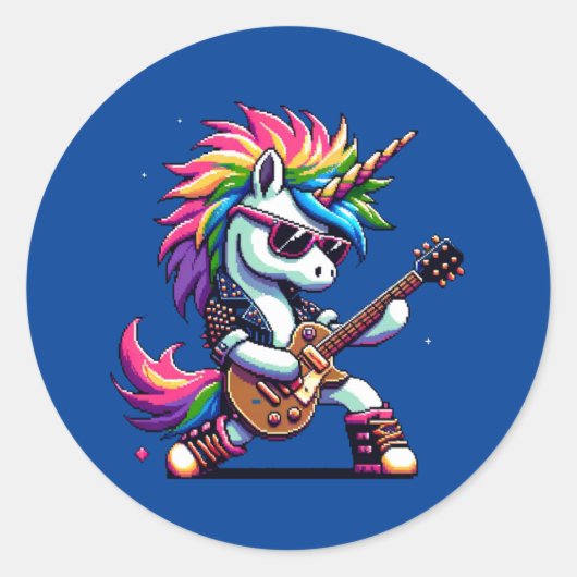 パンクロックユニコーンカラフルピクセルアートギターデザイン ラウンドシール (正面)